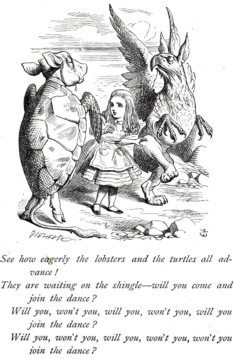 Alice, Mock Turtle and the Gryphon fra Alice