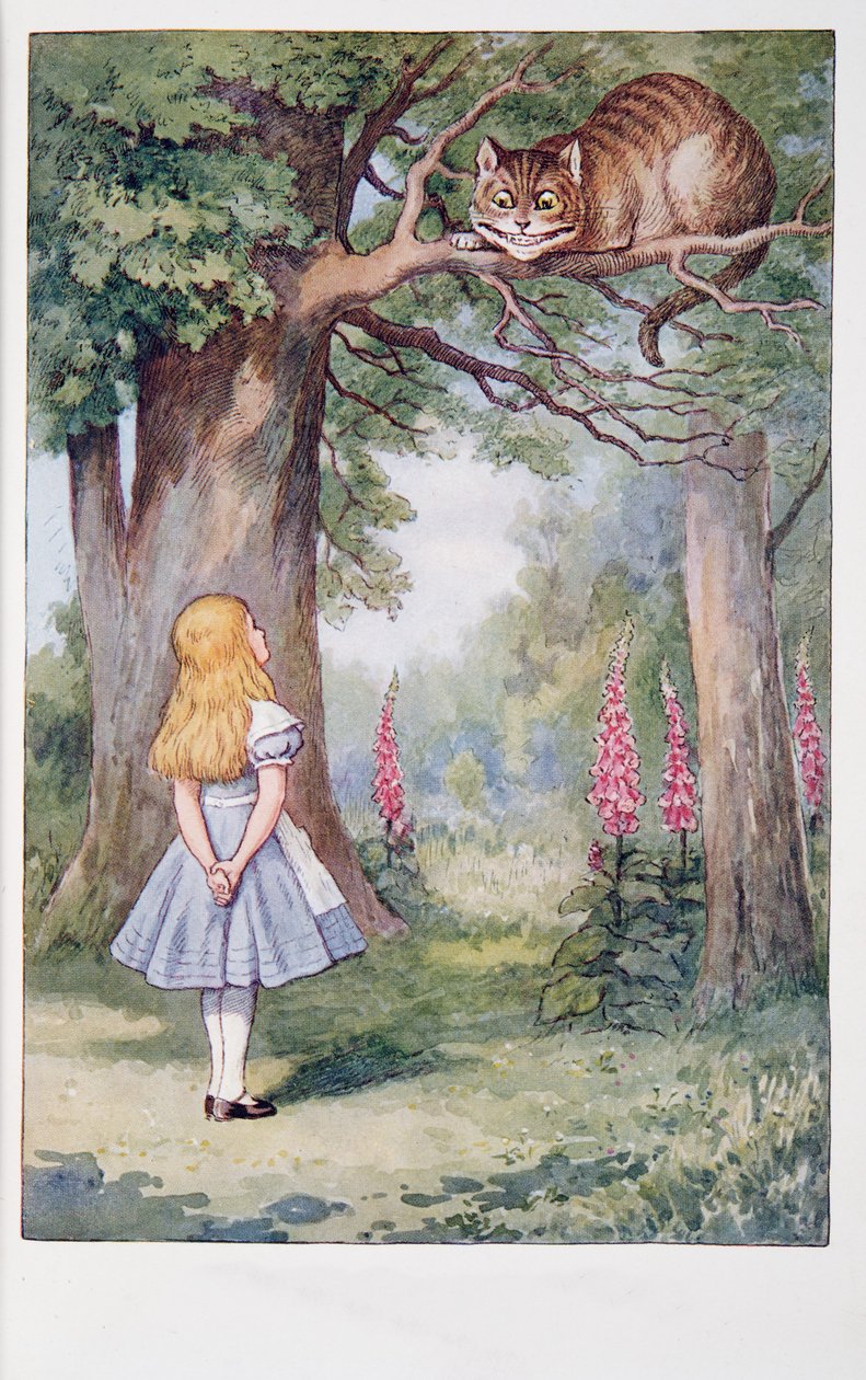 Alice and the Cheshire Cat, Alices Adventures in Wonderland And Through the Looking-glass And What Alice Found There, af Lewis Carroll (1832 - 98), udgivet 1911 (farvet litografi) af John Tenniel