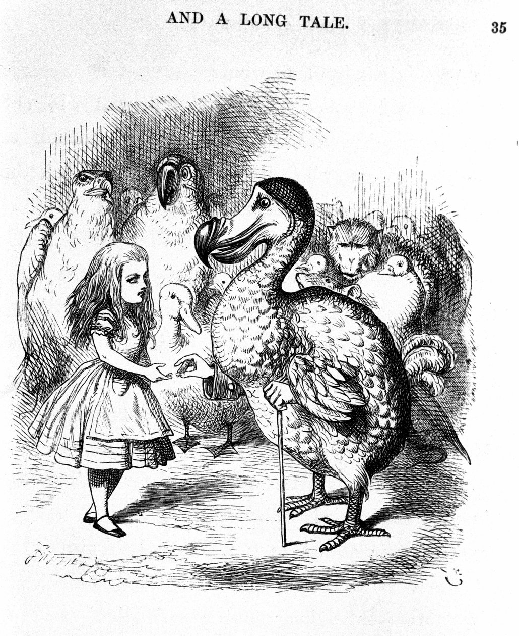 Alice i Eventyrland: møde Alice med en dodo af Lewis Carroll, illustration af den første udgave af Tenniel af John Tenniel