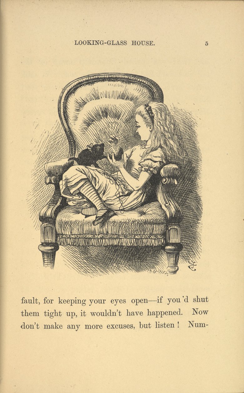 Alice sidder i en stol og leger med en killing. af John Tenniel