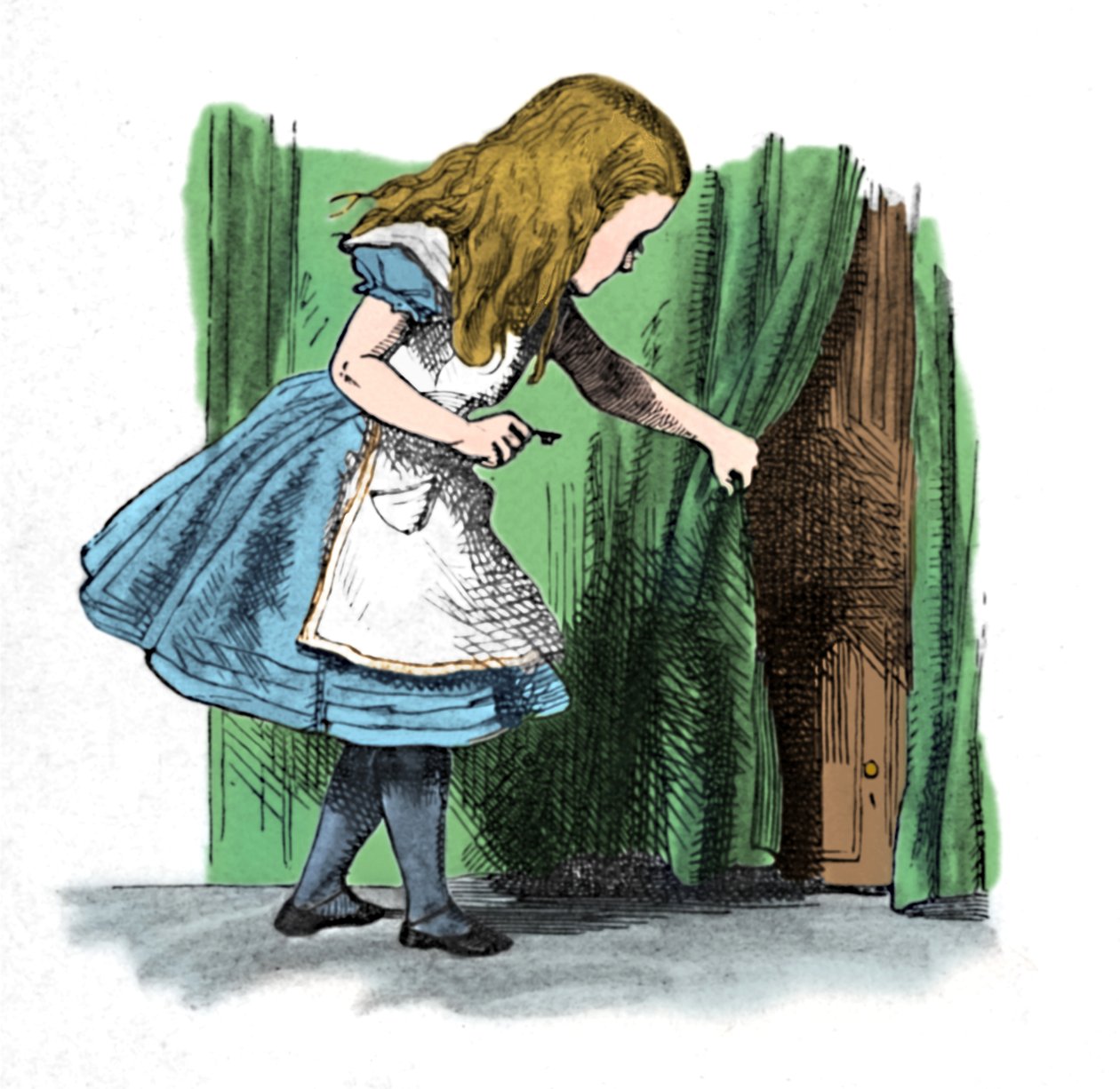 Alice ser på en lille dør bag et gardin, 1889 af John Tenniel