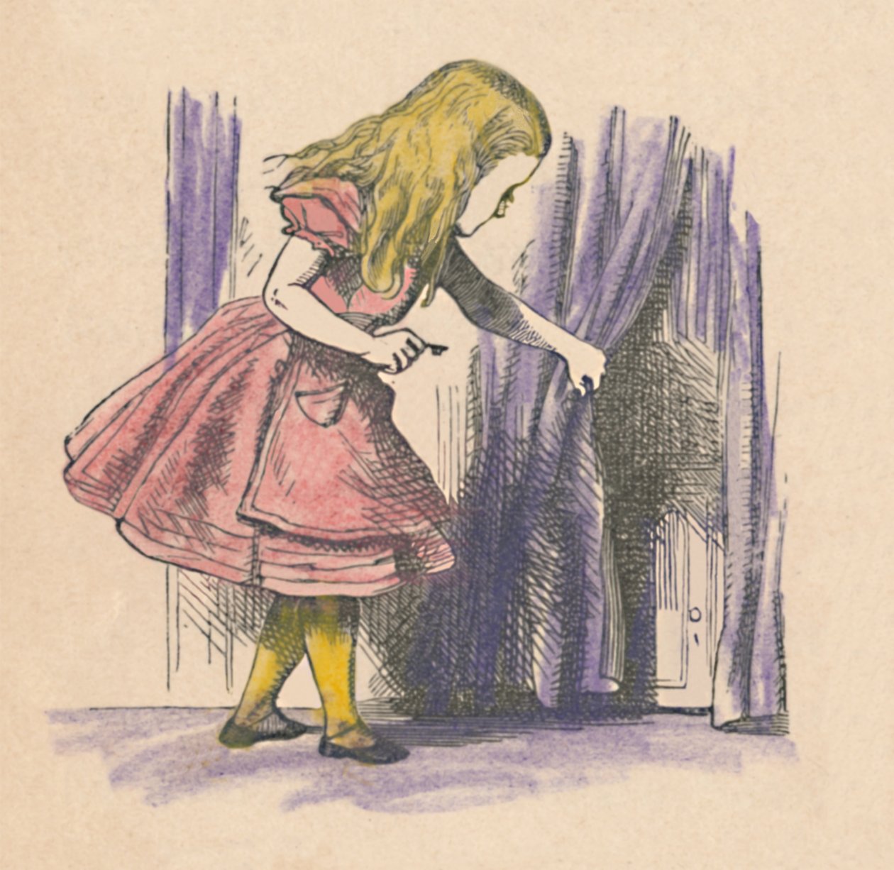 Alice ser på en lille dør bag et gardin, 1889 af John Tenniel