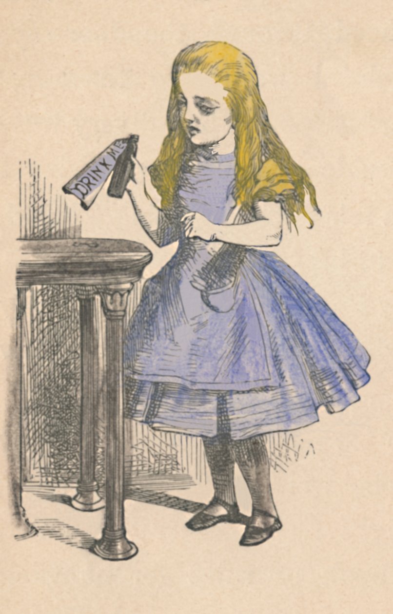 Alice ser på flasken med skiltet drik mig, 1889 af John Tenniel