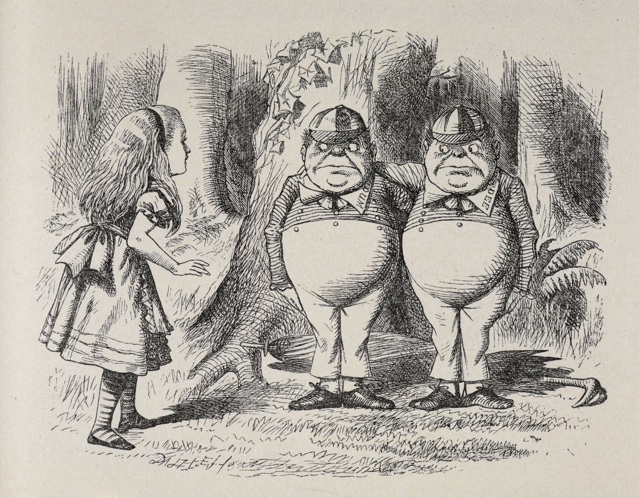 Alice møder Tweedle Dee og Tweedle Dum for første gang. De stod under et træ med hver sin arm om halsen på den anden, og Alice vidste, hvad der var hvad om et øjeblik, for den ene havde "Dum" broderet på sin krave, og den anden "Dee. af John Tenniel
