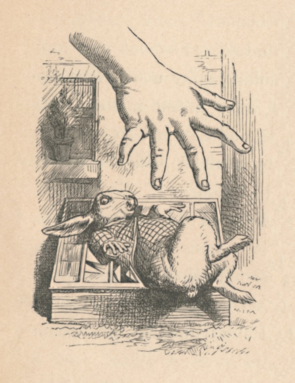 Alice lægger hånden ned til den hvide kanin, 1889 af John Tenniel