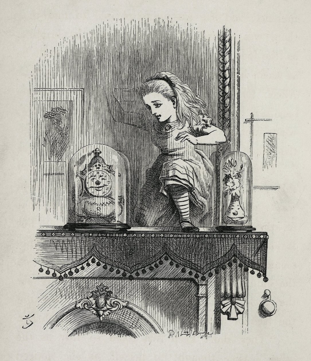 Alice krydser spejlet - I "" Alices eventyr i Eventyrland og gennem skueglasset"" af Lewis Carroll, illustration af John Tenniel (1820-1914) af John Tenniel