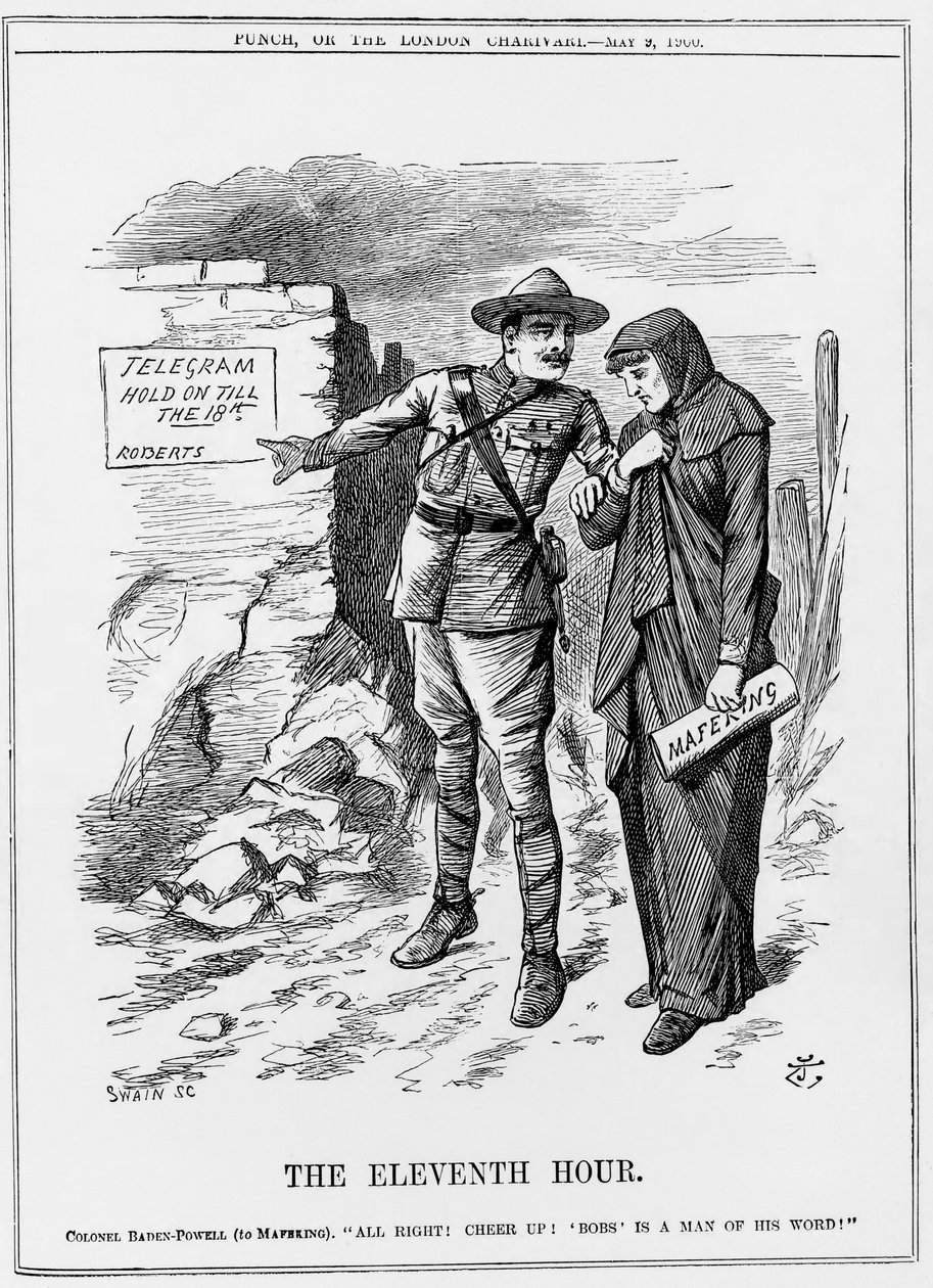 Boer War: Baden Powell opmuntrer Mafeking til at holde ud. Lord Roberts lovede at afløse dem inden den 18. maj. John Tenniel tegnefilm fra Punch 9. maj 1900. af John Tenniel