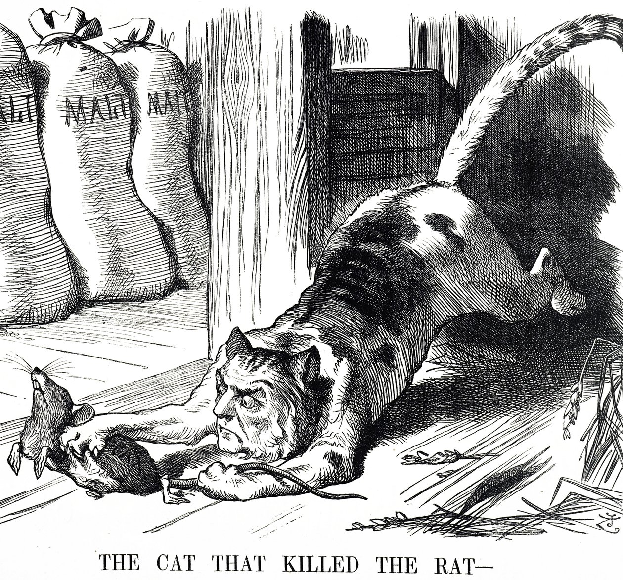 Tegneserie, der kommenterer afskaffelsen af maltafgift i 1880 af John Tenniel