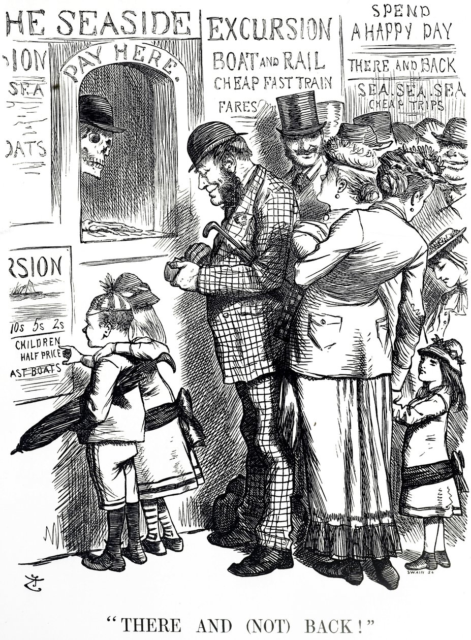 Tegneserie, der kommenterer hyppigheden af ulykker på overfyldte udflugtstog af John Tenniel