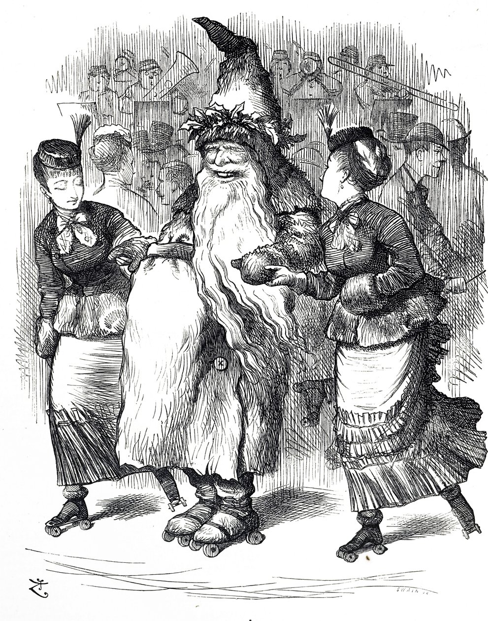 Tegneserie, der viser julemandens rulleskøjteløb af John Tenniel