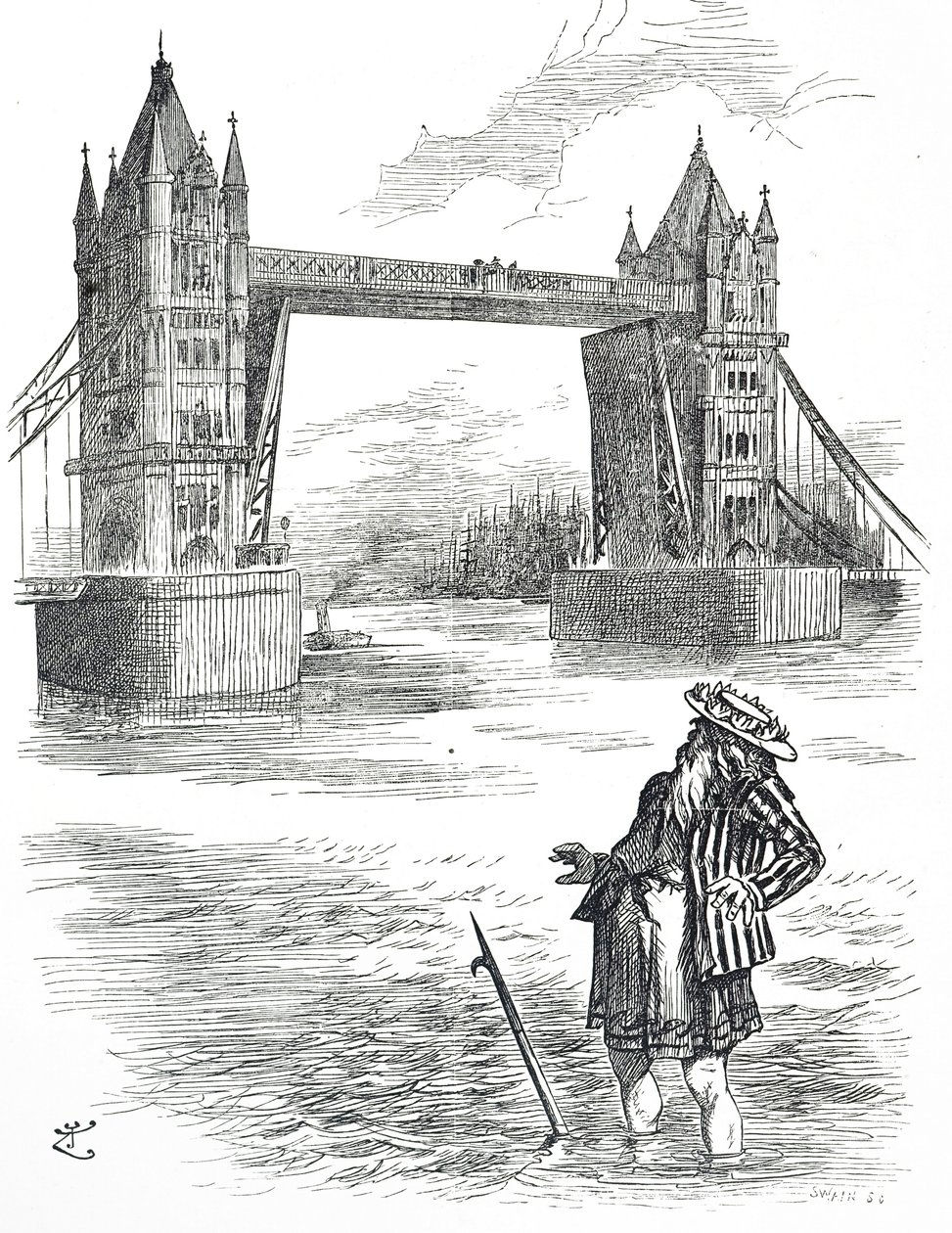 Tegneserie, der viser Fader Thames, der beundrer Tower Bridge, London af John Tenniel