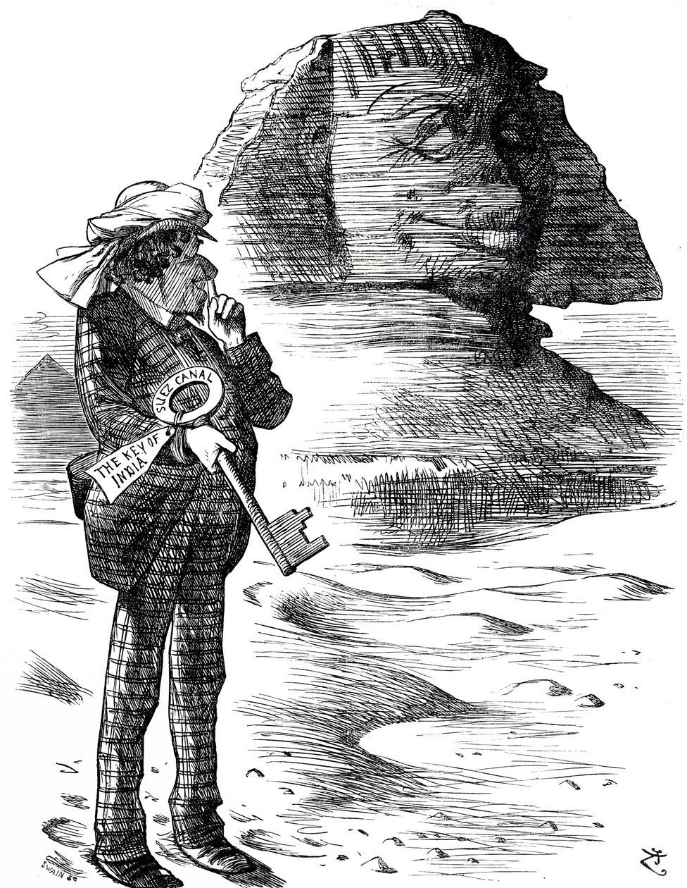 Tegneserie, der viser premierminister Benjamin Disraeli, der holder Suez-kanalen som nøglen til briternes besiddelse og indflydelse i Indien af John Tenniel