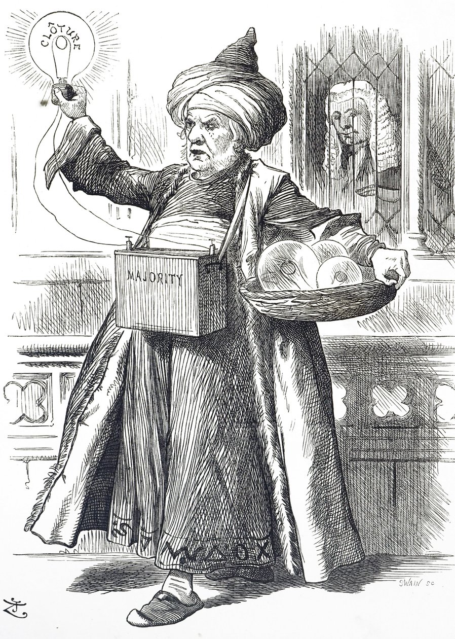 Tegnefilm, der viser William Ewart Gladstone som Aladdin af John Tenniel