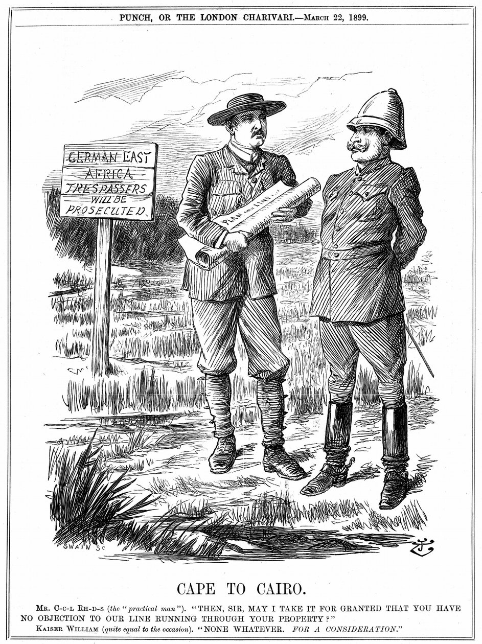 Cecil John Rhodes (1852-1902) engelskfødt sydafrikansk statsmand, der bad den tyske kejser om tilladelse til at føre en telegraflinje gennem det tyske Østafrika. Cape To Cairo, tegneserie af John Tenniel fra 