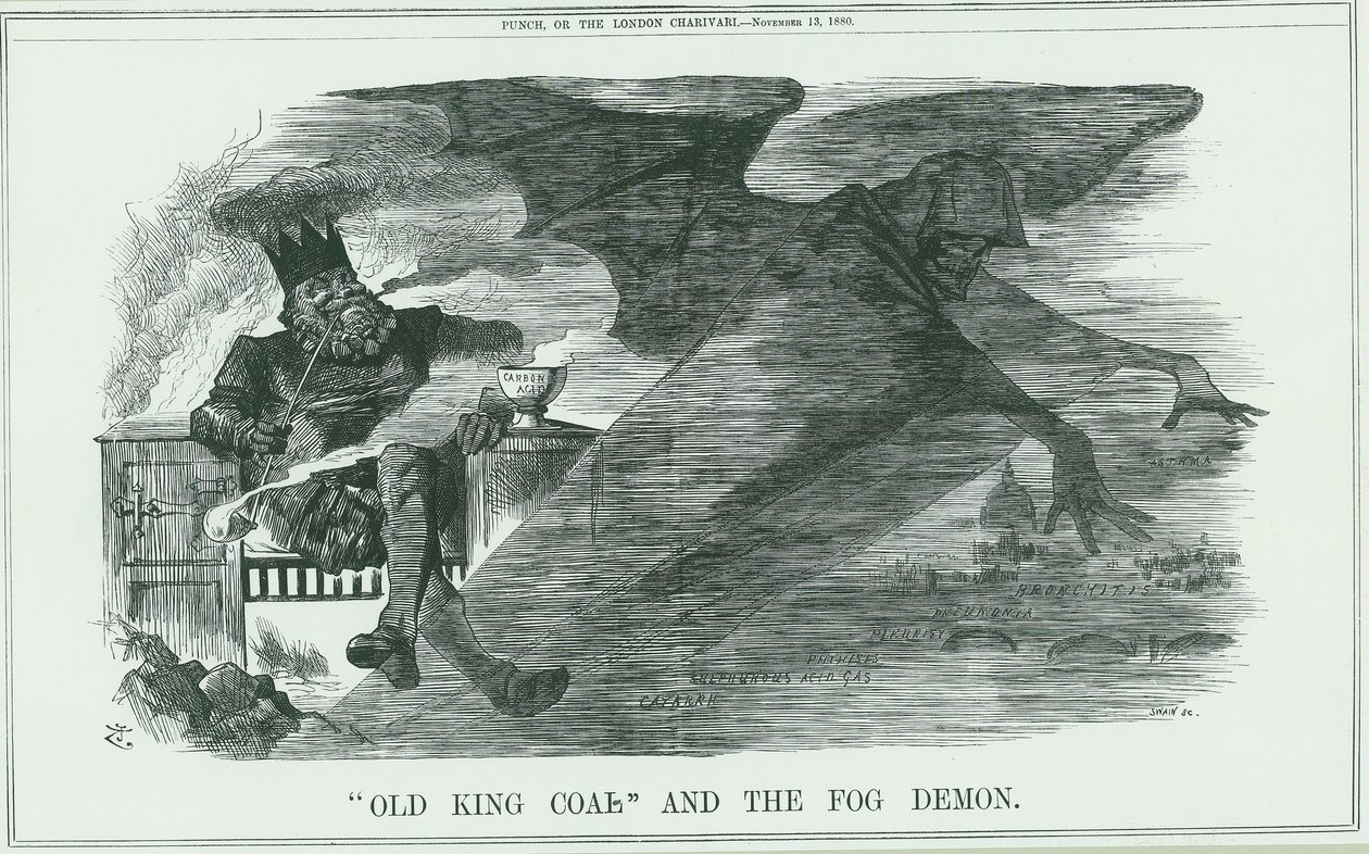 Virkningerne af at brænde Old King Coal på London. Tågen forårsagede astma, bronkitis, lungebetændelse, lungebetændelse osv. John Tenniel tegnefilm fra Punch, London af John Tenniel