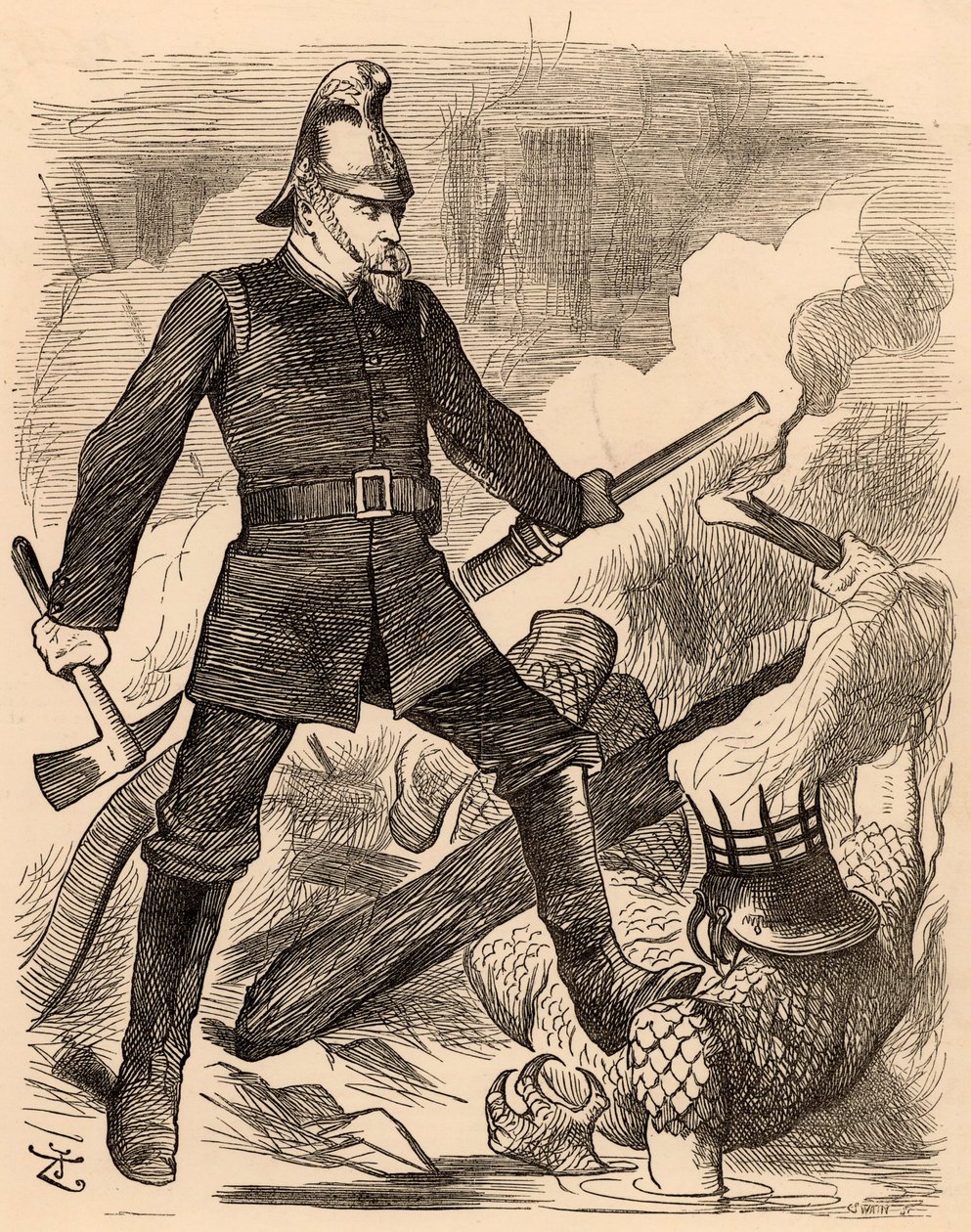 Eyre Massey Shaw bekæmper ild, fra "Punch" London, 20. august 1887 (gravering) af John Tenniel