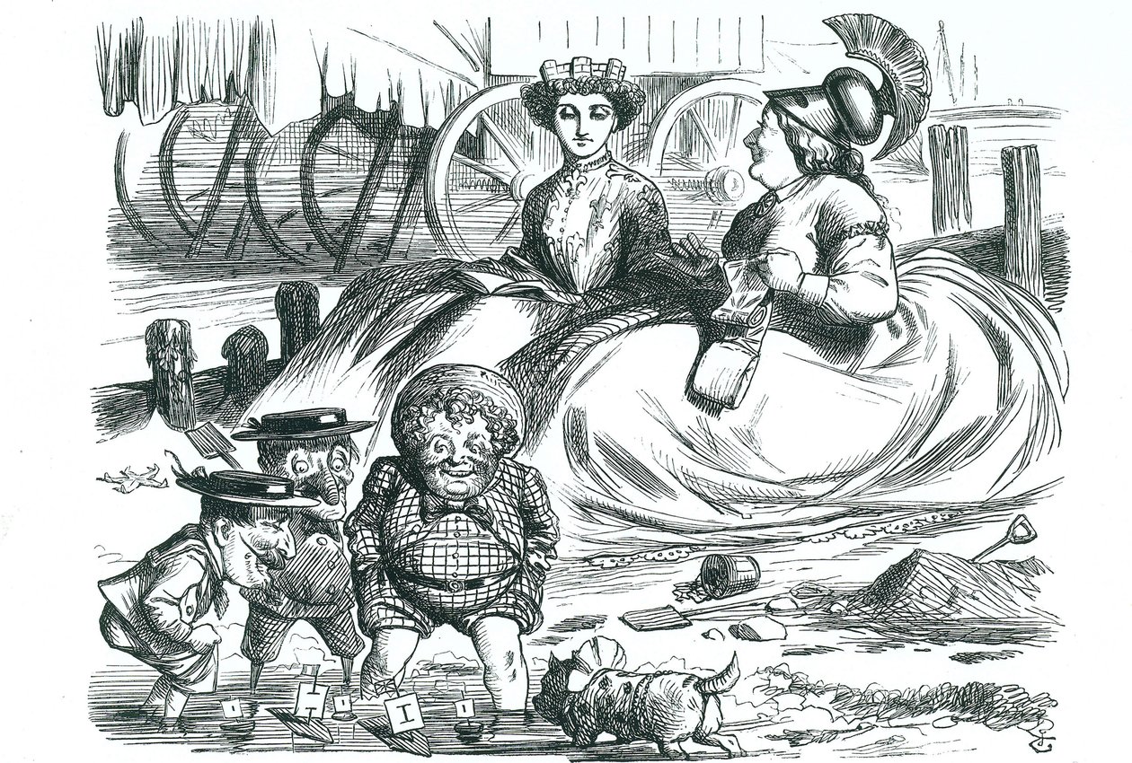 Frankrig og Storbritannien holder øje med børnene (John Bull, Mr. Punch og Napoleon III). Dette år markerede 50 år med fred mellem Frankrig og Storbritannien og begyndelsen på Entente Cordiale. John Tenniel tegnefilm fra 