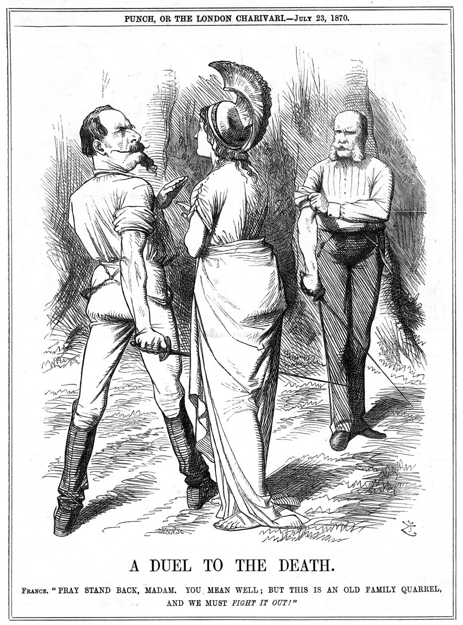 Fransk-preussisk krig 1870-1871: Britannia forsøger at begrænse Napoleon III i at indlede krig med Tyskland. Fransk erklæring afgivet til Berlin 19. juli, proklamation 23. juli. John Tenniel tegneserie fra Punch, London, 23. juli 1870. Indgravering af John Tenniel