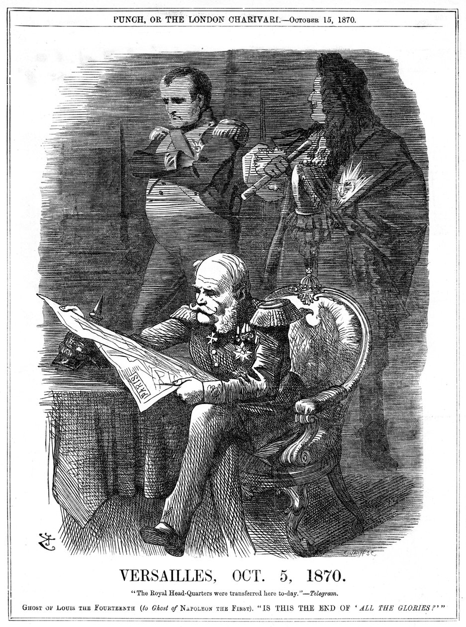 Fransk-preussisk krig 1870-1871: Nuancer af Ludvig XIV og Napoleon I, der beklager, at Frankrigs herlighed forsvinder. Den 5. oktober 1870 gjorde Wilhlem I, konge af Preussen Versailles til sit hovedkvarter, og den 18. januar blev han erklæret til kejser a af John Tenniel