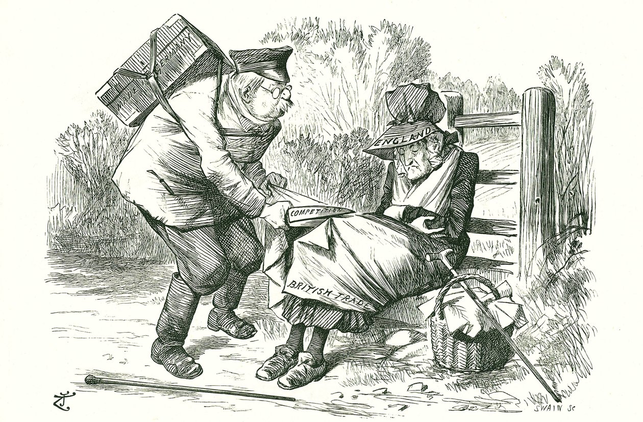 Tyskland stjæler Storbritanniens position som verdensledende inden for handel og fremstilling. Tegnefilm af John Tenniel fra Punch, 5. september 1896. af John Tenniel