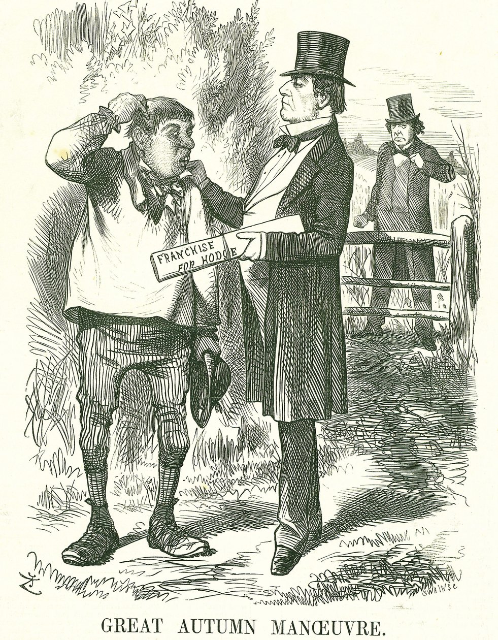 Stor efterårsmanøvre: Gladstone mente, at afstemningen i sidste ende måtte gives til landbrugsarbejdere (Hodge). På dette tidspunkt var hans premierskab rystet, og Disraeli venter på at tage hans plads. John Tenniel tegnefilm fra Punch, London, 9. august 1 af John Tenniel