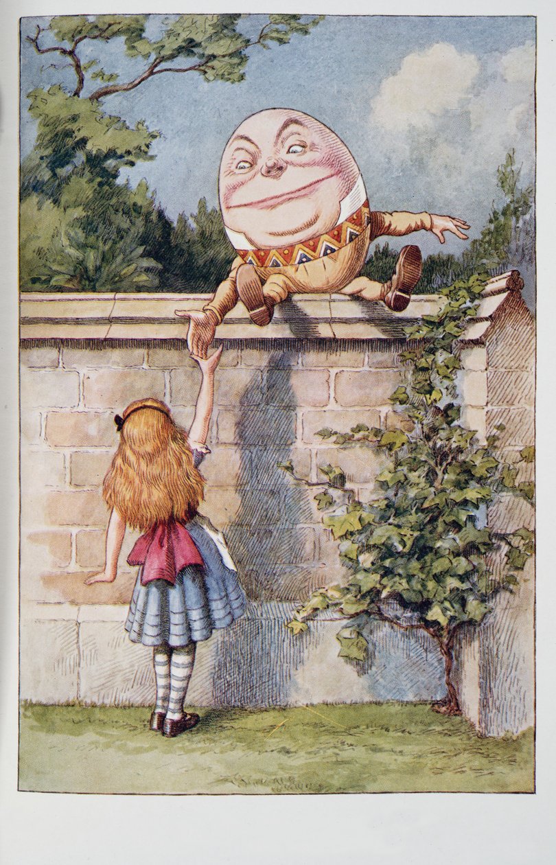 Humpty Dumpty, fra Alices Adventures In Wonderland And Through The Looking-glass And What Alice Found There, af Lewis Carroll (1832 - 98), udgivet 1911 (farvet litografi) af John Tenniel