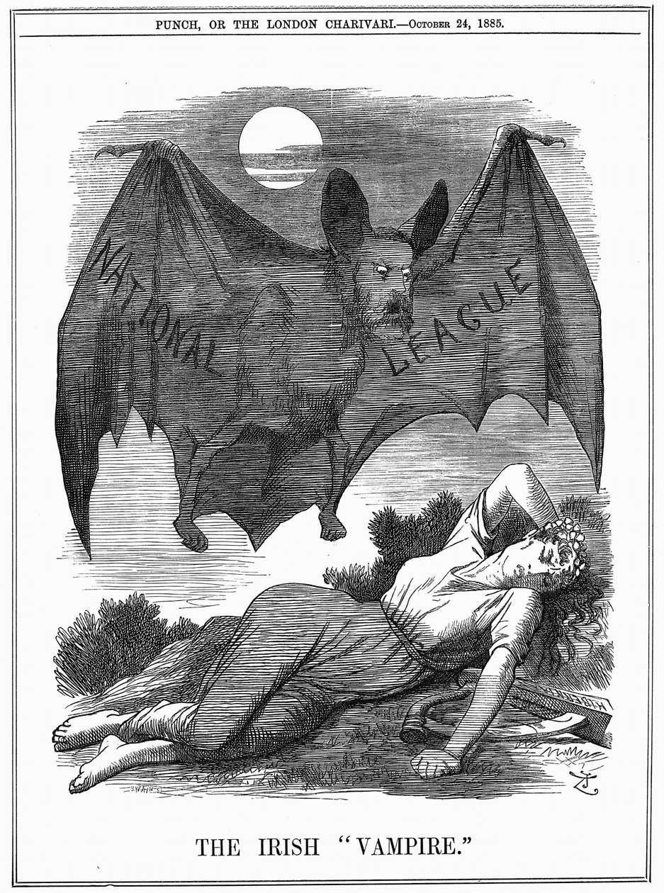 Irish National League, med ansigtet af Charles Stewart Parnell (1846-1891), vist som en vampyr, der jager Irland. John Tenniel tegneserie fra Punch London, 24. oktober 1885. Indgravering af John Tenniel