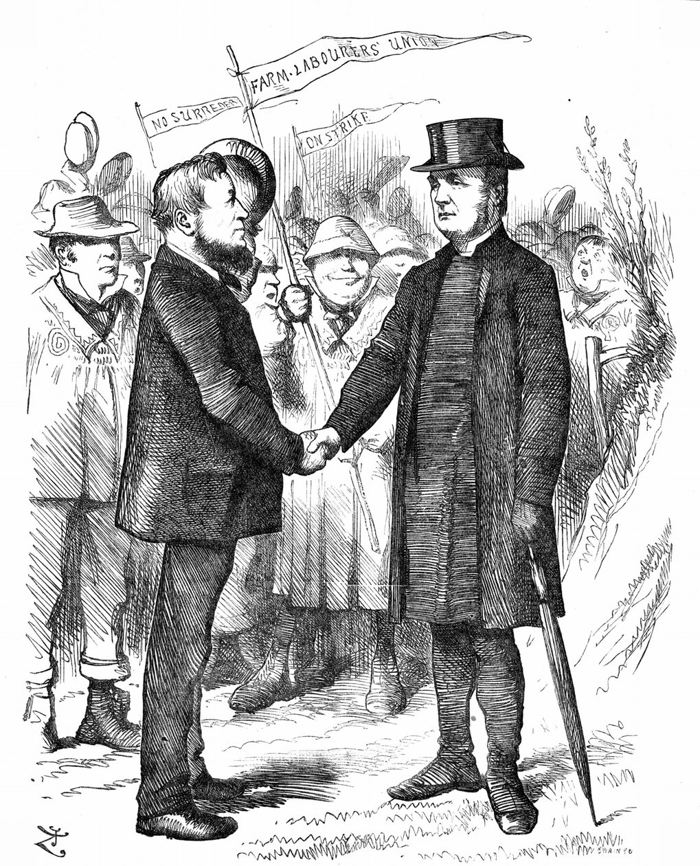 Joseph Arch (1826-1919) engelsk fagforeningsmand, politiker og landbrugsarbejder. Grundlægger af National Union of Farm Labourers. Arch hilser biskoppen af Manchester, der støttede Unionen i et brev til The Times. John Tenniel tegnefilm fra Punch London af John Tenniel