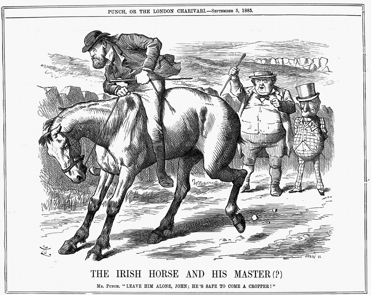 Mr. Punch beder John Bull om at ignorere Charles Stewart Parnell (1846-1891), irsk politiker, da han helt sikkert kommer som en cropper ridende på den irske hest. John Tenniel tegnefilm fra Punch London 5. september 1885. Indgravering af John Tenniel