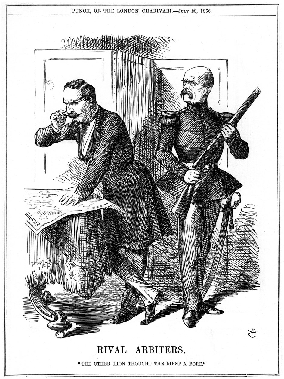 Napoleon III (1808-1873), kejser af Frankrig 1852-1870, og Otto von Bismarck (1808-1783), kansler i Preussen, udskærer Europa. Deres modstridende ambitioner førte til den fransk-preussiske krig 1870-1871. John Tenniel tegnefilm fra Punch, London, 28. juli af John Tenniel