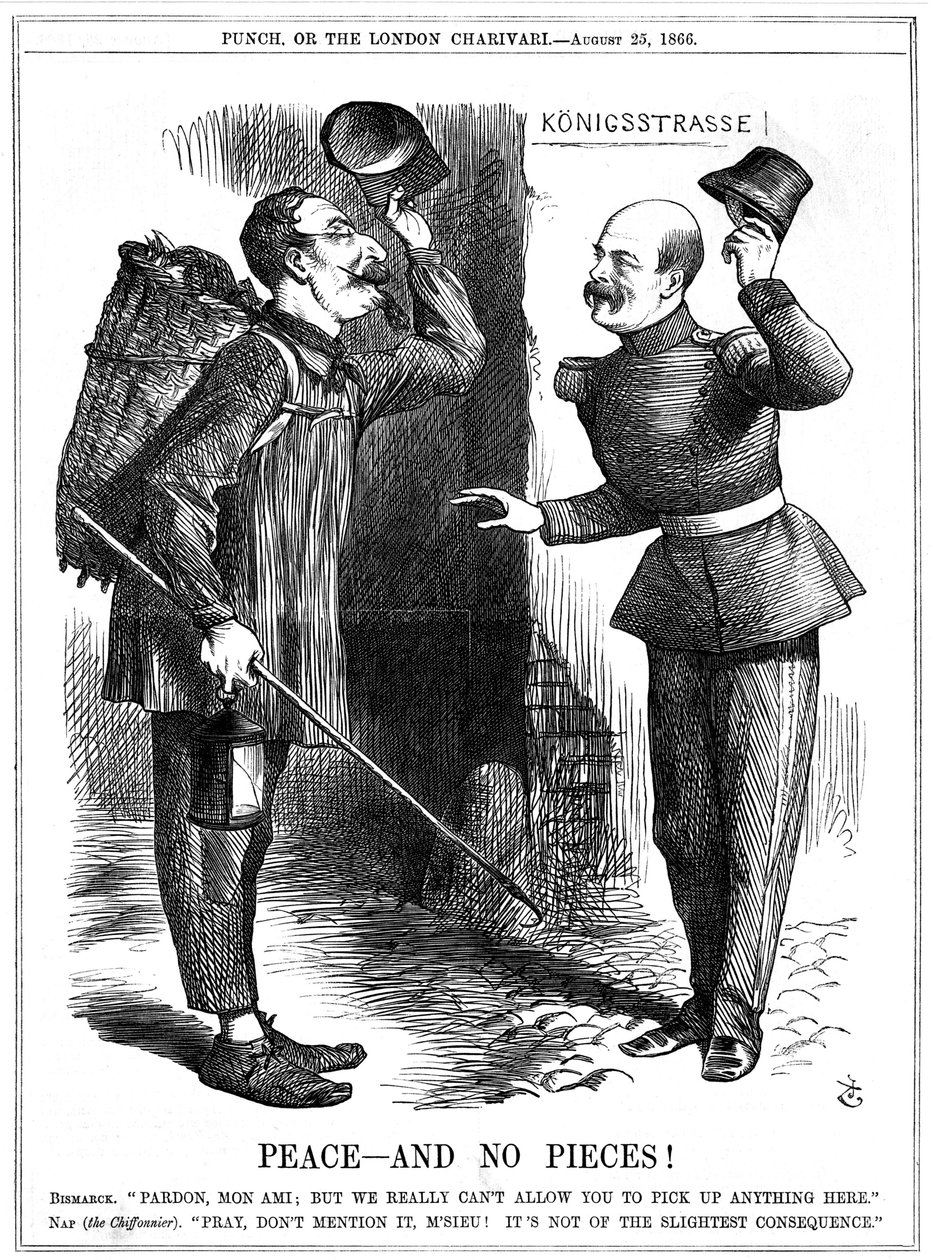Napoleon III, fransk kejser 1852-1870, klædt ud som en kludeplukker (Chiffonnier), advaret af Otto von Bismarck, den preussiske kansler. Napoleons territoriale ambitioner førte til den fransk-preussiske krig 1870-71. John Tenniel tegnefilm fra Punch, Londo af John Tenniel