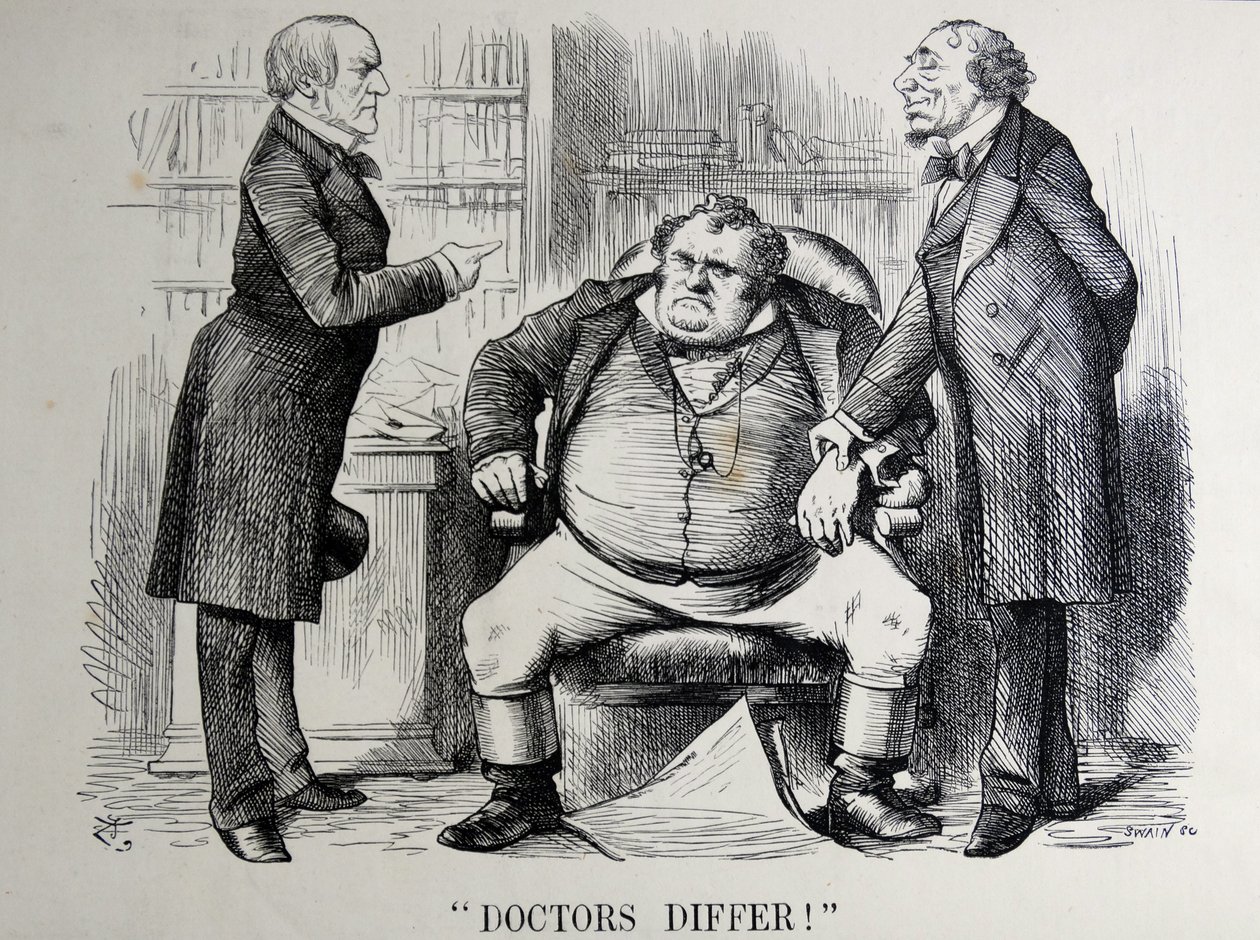 Politisk satire skildrer William Ewart Gladstone, Benjamin Disraeli og John Bull af John Tenniel
