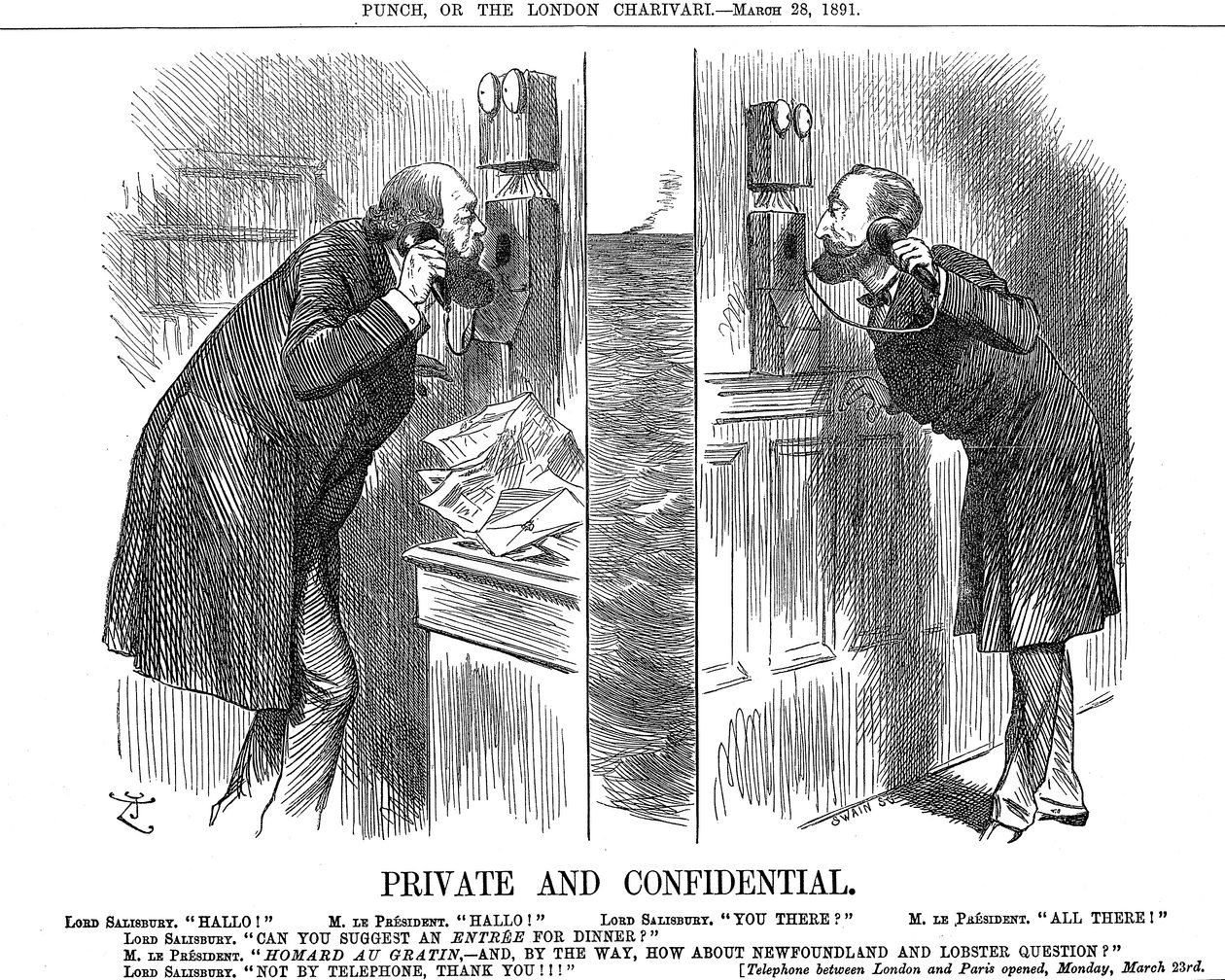 Privat og fortroligt, åbning af den engelsk-franske telefonlinje, 1891 af John Tenniel