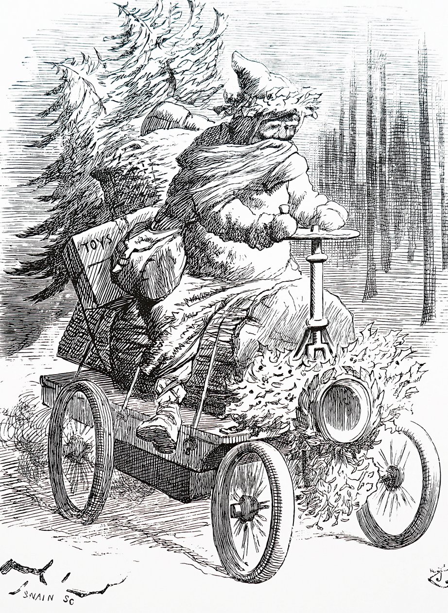 Julemanden ræser gennem sneen. Af John Tenniel (1820-1914), en engelsk illustrator, grafisk humorist og politisk tegneserieskaber af John Tenniel
