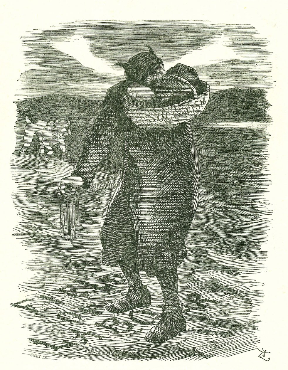 Såning af ukrudt: Frygt for, at socialismen bredte sig blandt den britiske arbejdsstyrke. John Tenniel tegnefilm fra Punch, London, 27. februar 1886. af John Tenniel