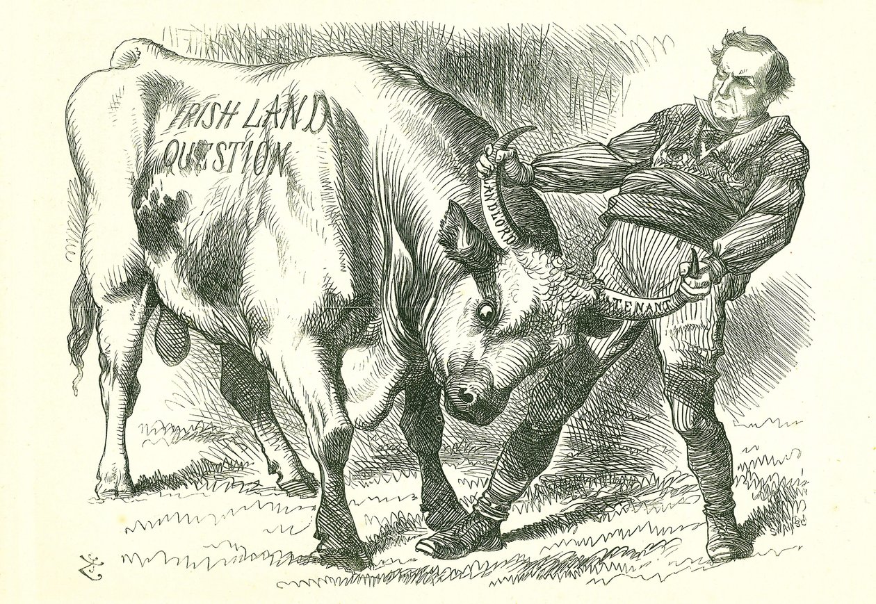 At tage den (irske) tyr ved hornene: Lovforslaget blev vedtaget af parlamentet den 15. februar 1870 og fik kongelig godkendelse den 8. juli. William Gladstone, premierminister, der behandler spørgsmålet. John Tenniel tegnefilm fra Punch, London, 26. februa af John Tenniel