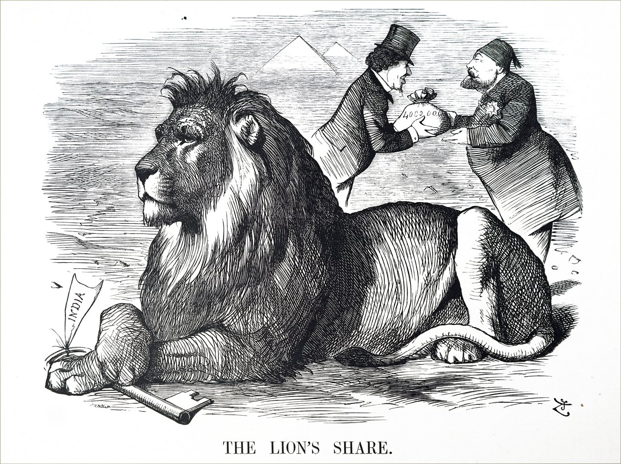 Den britiske regering bemyndiger Rothschilds til at købe aktierne i Suez-kanalen. af John Tenniel