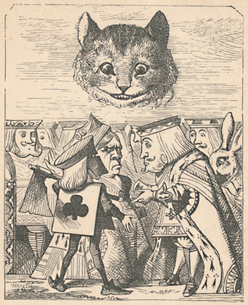 Cheshire-katten ser ned på den røde konge og dronning, der skændes, 1889 af John Tenniel