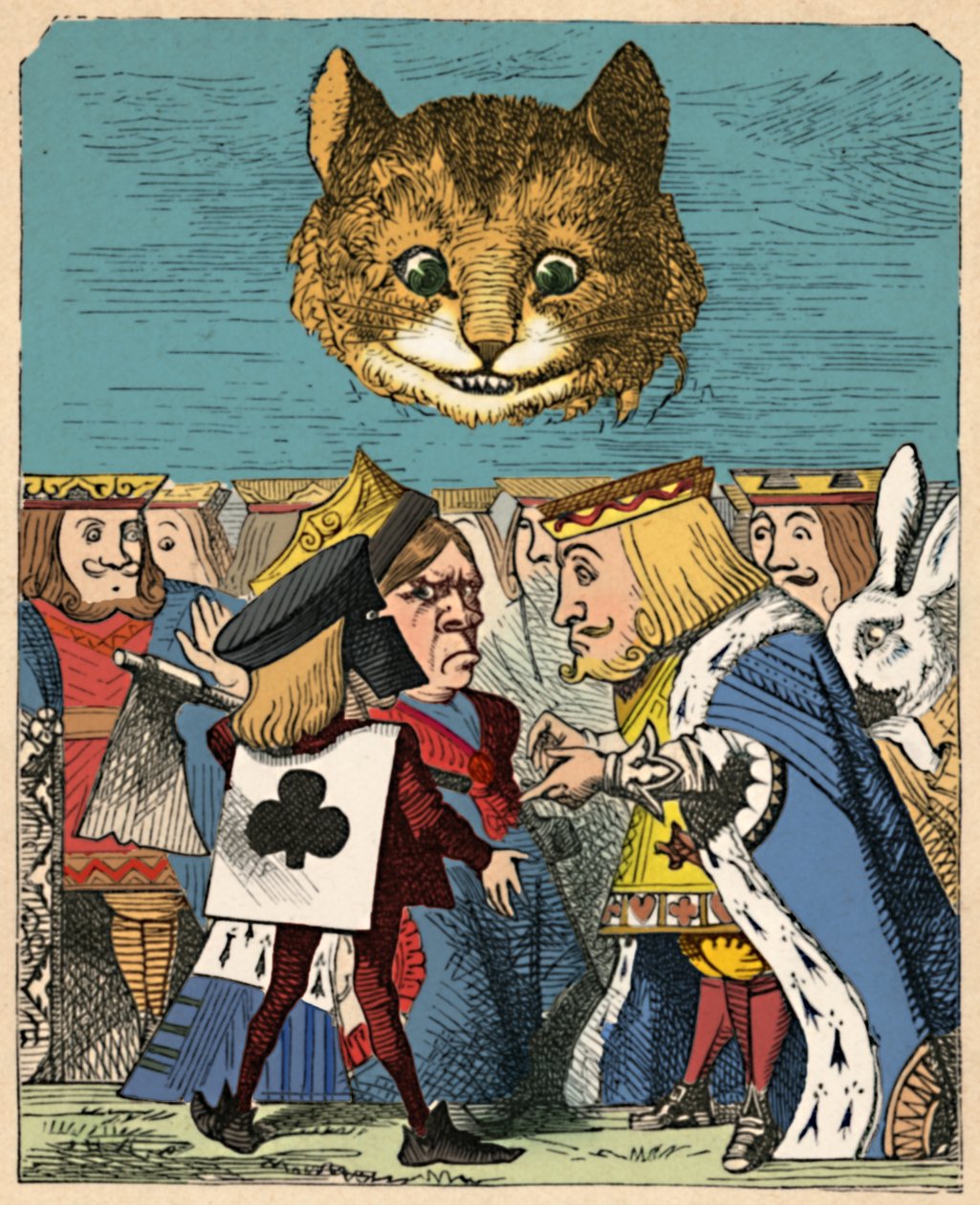 Cheshire-katten ser ned på den røde konge og dronning, der skændes, 1889 af John Tenniel
