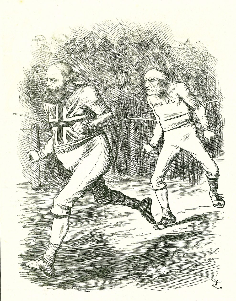 Afslutningen: Folketingsvalget 1886. Gladstone (liberal) tog til landet over sit lovforslag om hjemmestyre for Irland. Salisbury (konservativ opposition) slår Gladstone til målstregen. John Tenniel tegnefilm fra Punch, London af John Tenniel