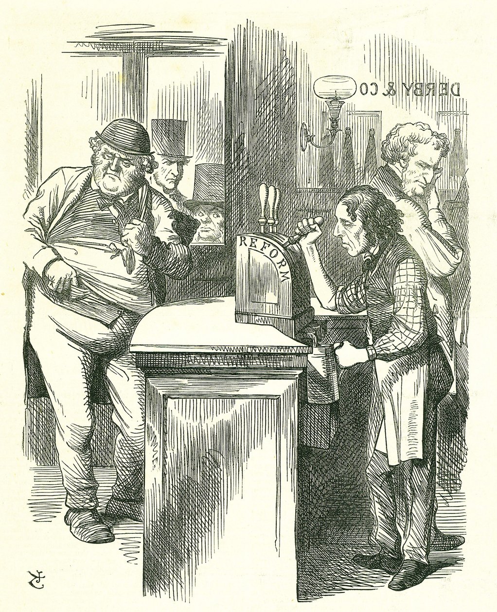 The Honest Pot Boy: Reform of Parliament - forlængelse af franchisen. Disraeli serverer reform for John Bull overvåget af hans parlamentariske opposition. Han fremlagde og gennemførte sit reformforslag. Tenniel tegnefilm fra Punch, London af John Tenniel