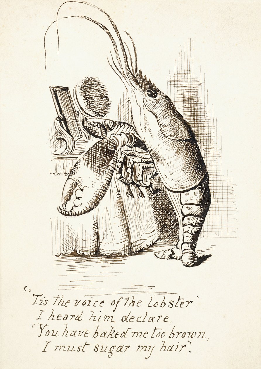 Hummeren, med en hårbørste i kloen stående foran et toiletbord, med 4 verslinjer, ca. 1865 (pen og brunt blæk) af John Tenniel