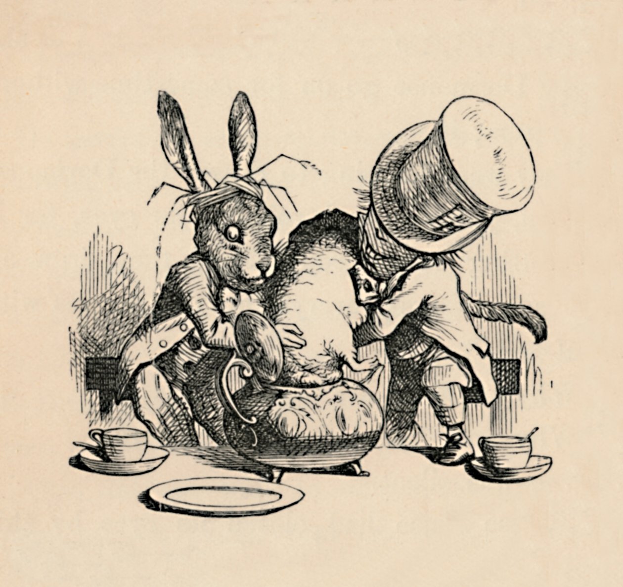 Den gale hattemager og martsharen forsøger at putte sovemusen i en tekande, 1889 af John Tenniel