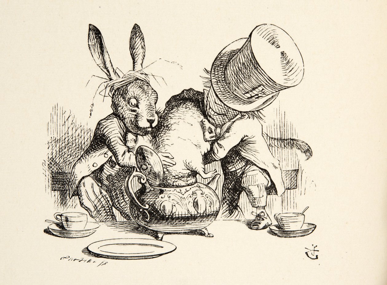 The Mad Hatter and the March Hare putting the Dormouse in the Teapot, fra Alices Adventures in Wonderland af Lewis Carroll (1832 - 98), pub. 1891 af John Tenniel