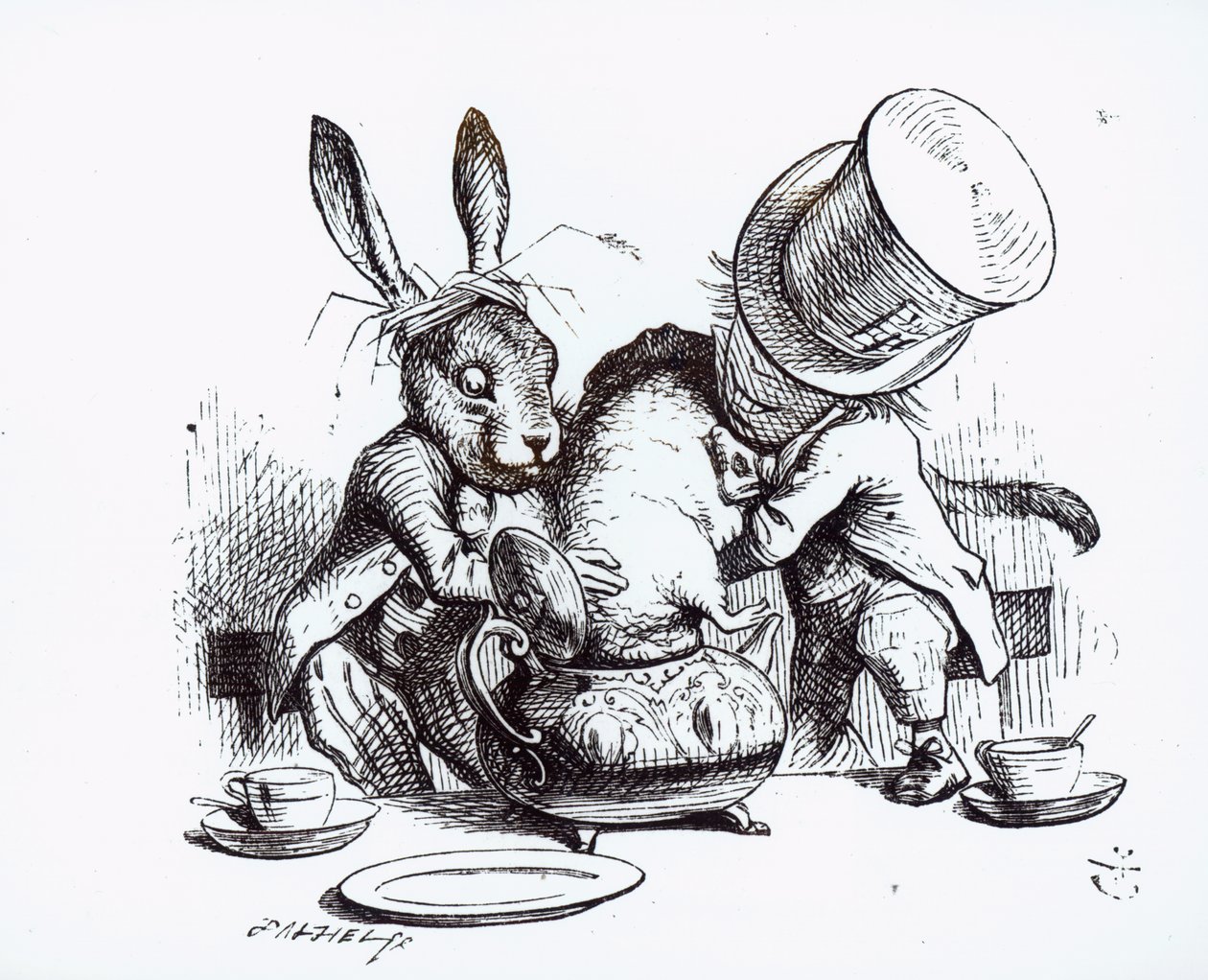 Den gale hattemager og martsharen, der sætter sovemusen i tepotten, illustration fra 