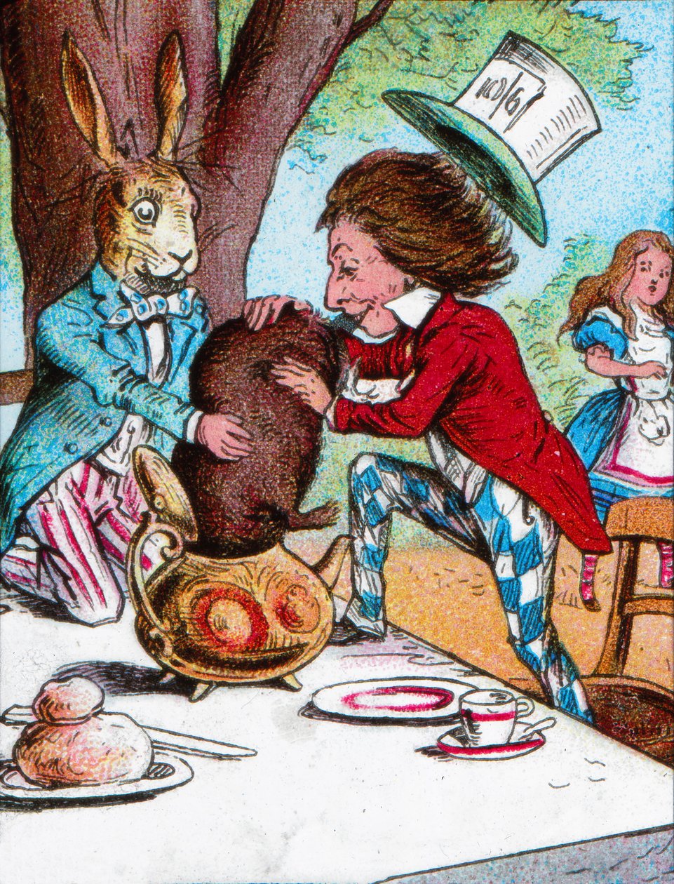 Den gale hattemager og martsharen forsøger at putte sovemusen i en tekande, c1910 af John Tenniel