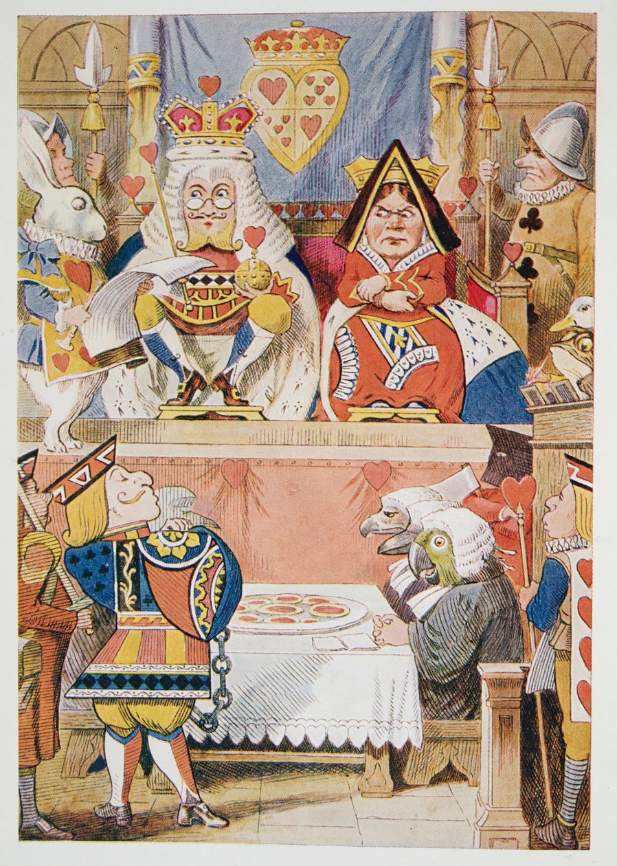 The Trial of the Knove of Hearts, fra Alices Adventures in Wonderland And Through the Looking-Glass And What Alice Found There, af Lewis Carroll (1832 - 98), udgivet 1911 (farvet litografi) af John Tenniel