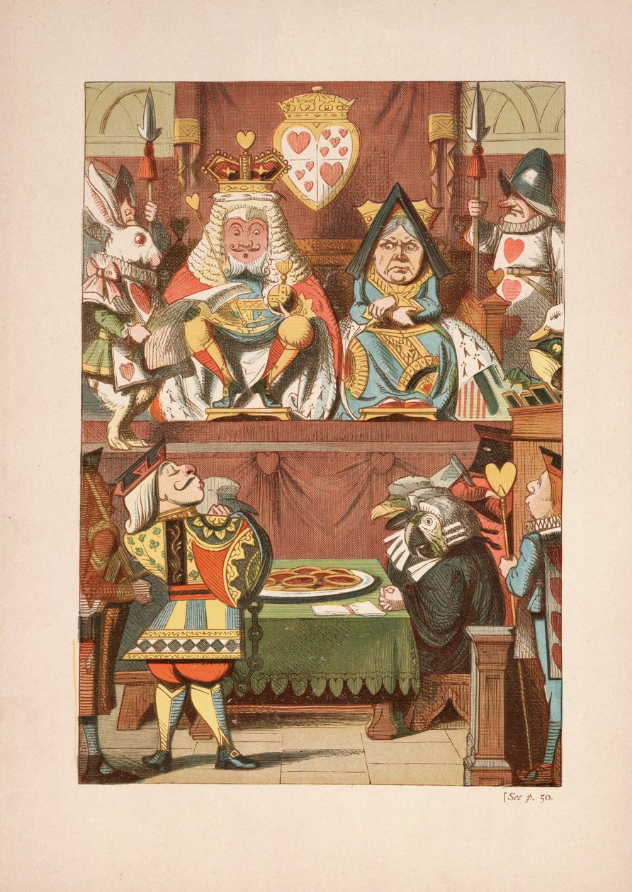 The Trial of the Knove of Hearts, fra Alices Adventures in Wonderland And Through the Looking-Glass And What Alice Found There, af Lewis Carroll (1832 - 98), udgivet 1911 (farvet litografi) af John Tenniel