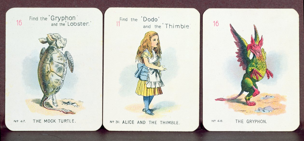 Tre "Happy Family"-kort med figurer fra "Alice i Eventyrland" af Lewis Carroll af John Tenniel