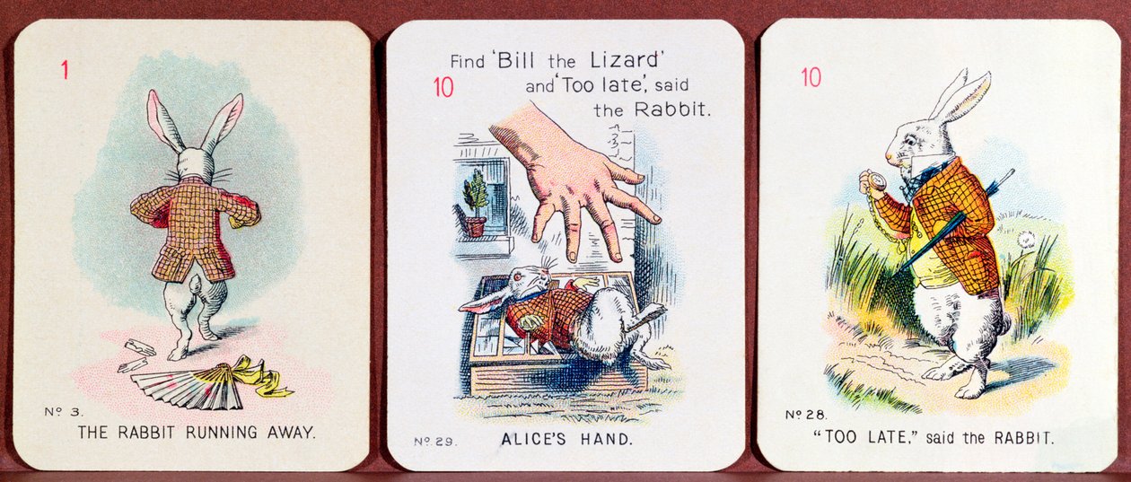 Tre Happy Family-kort, der viser karakterer fra Alice i Eventyrland af Lewis Carroll af John Tenniel
